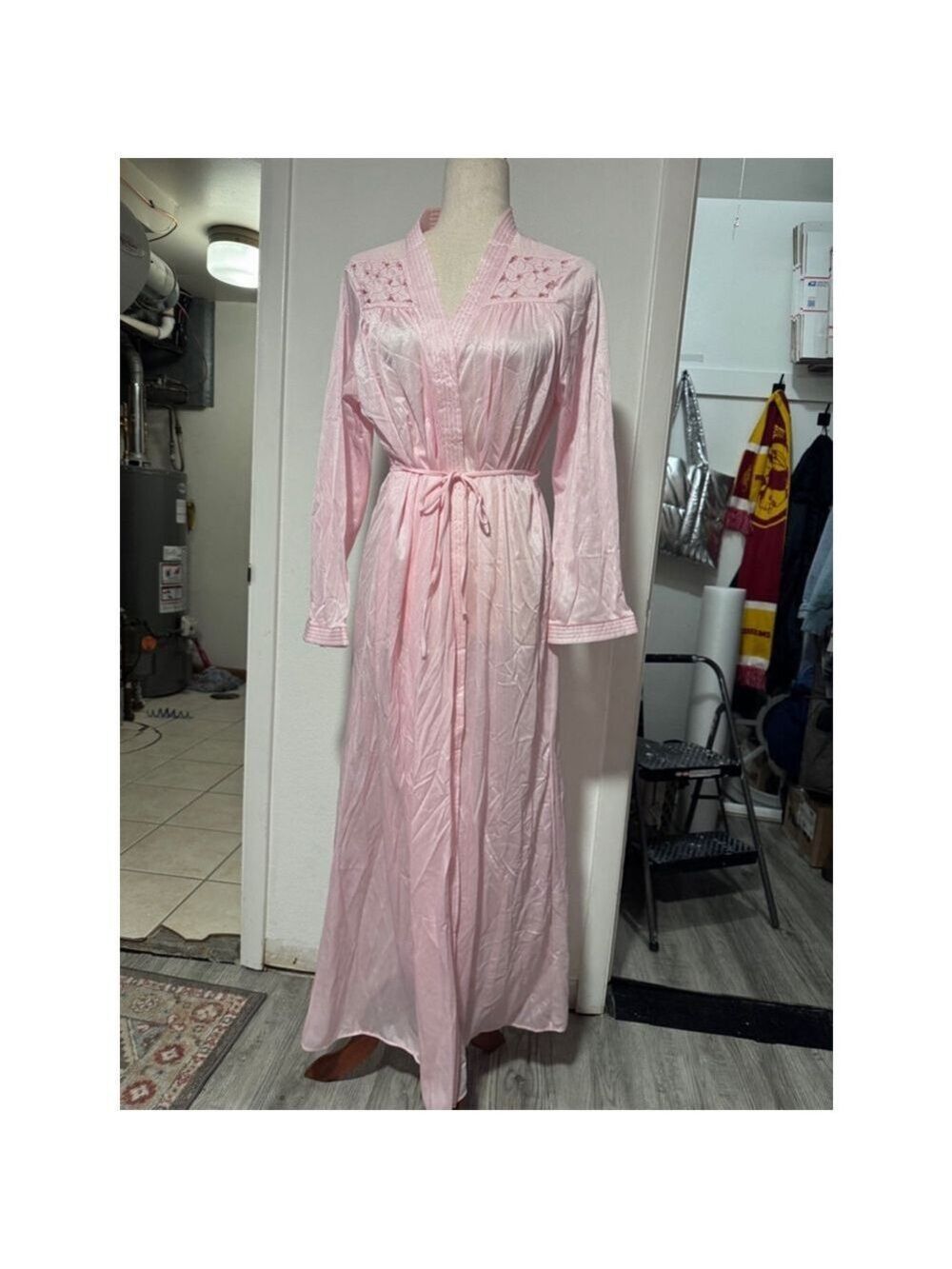 Mirabelle is the brand. Long pink satin robe, thick cuff trim peekaboo. Sz large